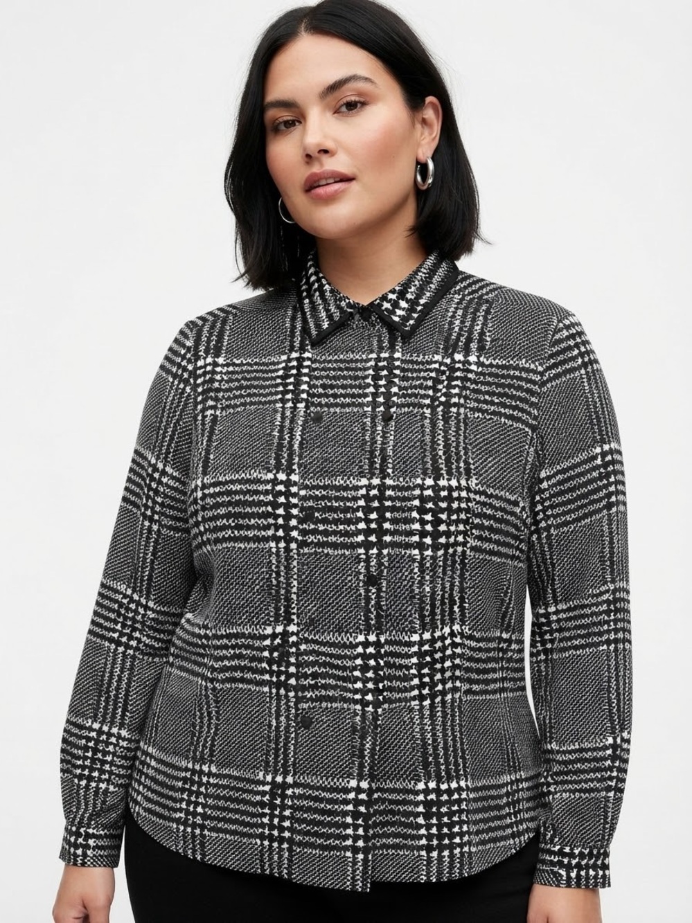 Vintage Plaid Houndstooth Print Puff Sleeve Blouse Boxy Feminine Minimalist Chic